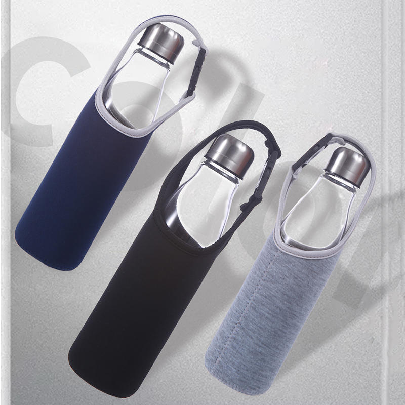 sw-052 wholesale portable fancy clear single wall glass water bottles with buckle neoprene sleeve