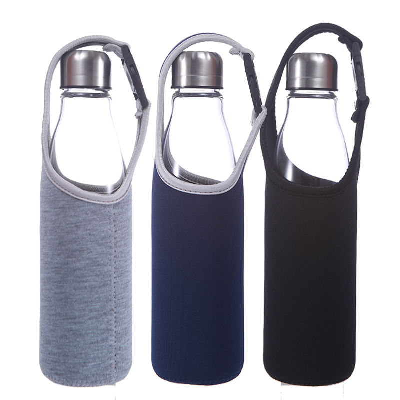 sw-052 wholesale portable fancy clear single wall glass water bottles with buckle neoprene sleeve