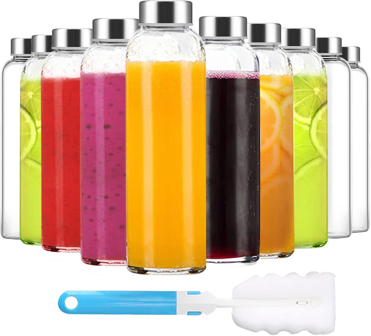SW-018 Clear Glass Bottles with Lids 18 oz, Reusable Glass Water Bottles with Stainless Steel Cap for Juicing, Refrigerator,100% Leak Proof, BPA Free, Juice Water Bottle Set
