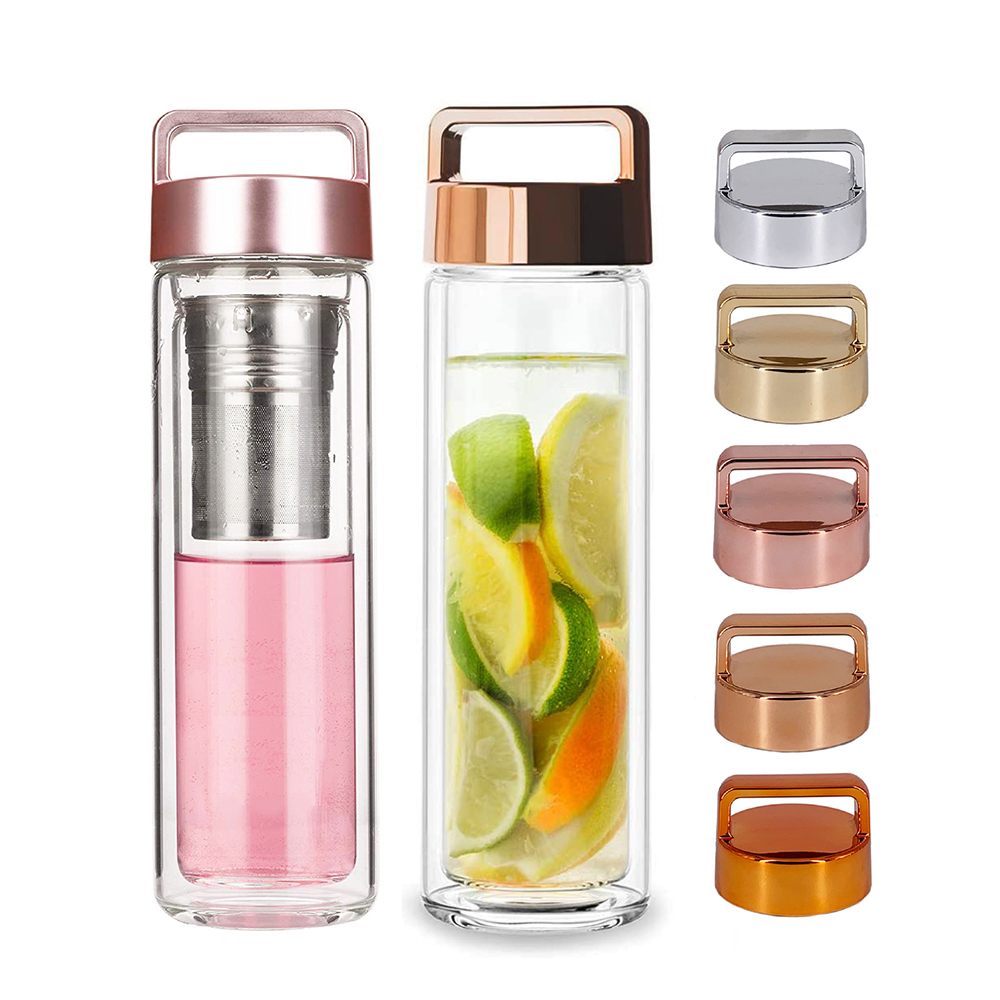 portable handle metal lid double wall glass water bottle with infuser fliter suitable for tea juice