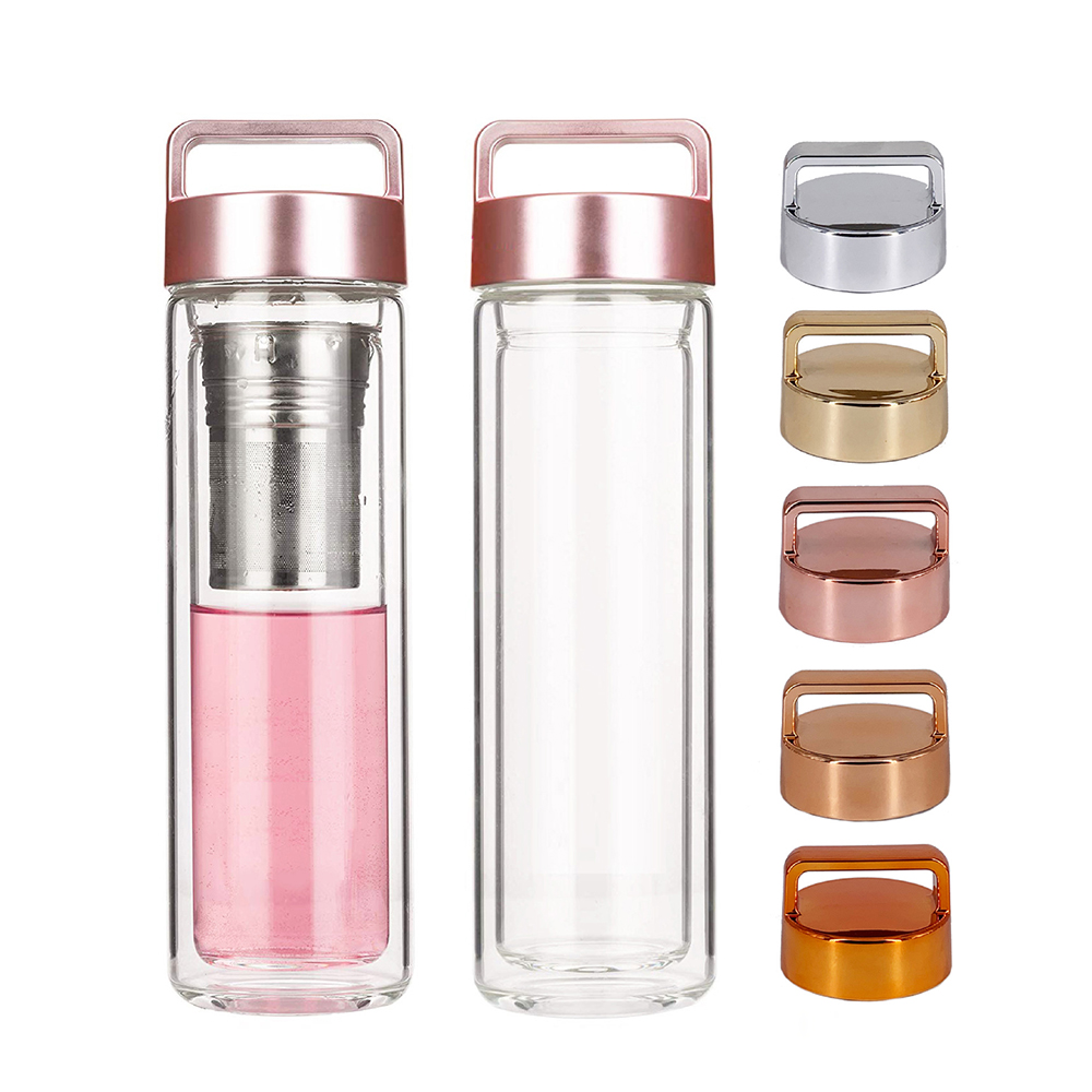 portable handle metal lid double wall glass water bottle with infuser fliter suitable for tea juice