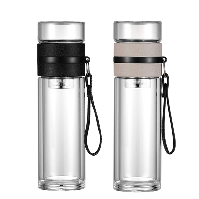 400ml wholesale borosilicate glass water bottles with tea fruit infuser tea house and handle rope