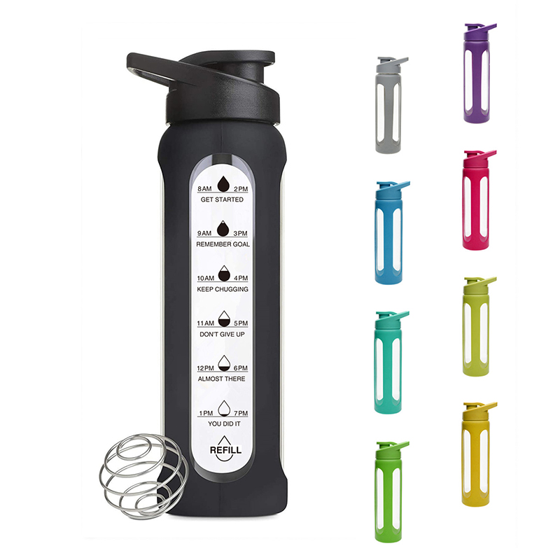 Shaker glass water bottle with colorful silicone sleeve
