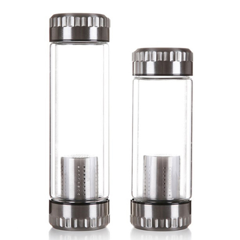 High Quality 400ml Double Wall Borosilicate Glass Fruit Infuser Water Bottle With Double Stainless Steel Lids