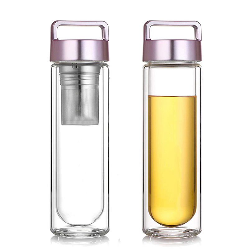 portable handle metal lid double wall glass water bottle egg shape bottom suitable for hot and cold water