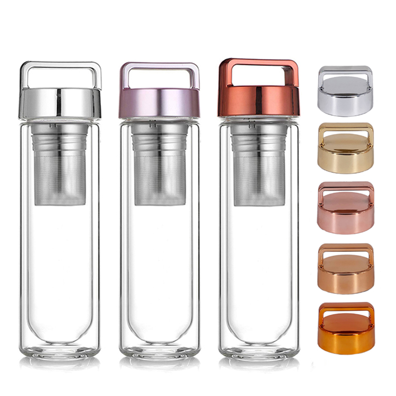 portable handle metal lid double wall glass water bottle egg shape bottom suitable for hot and cold water