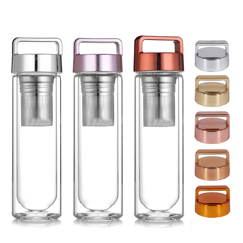 portable handle metal lid double wall glass water bottle egg shape bottom suitable for hot and cold water