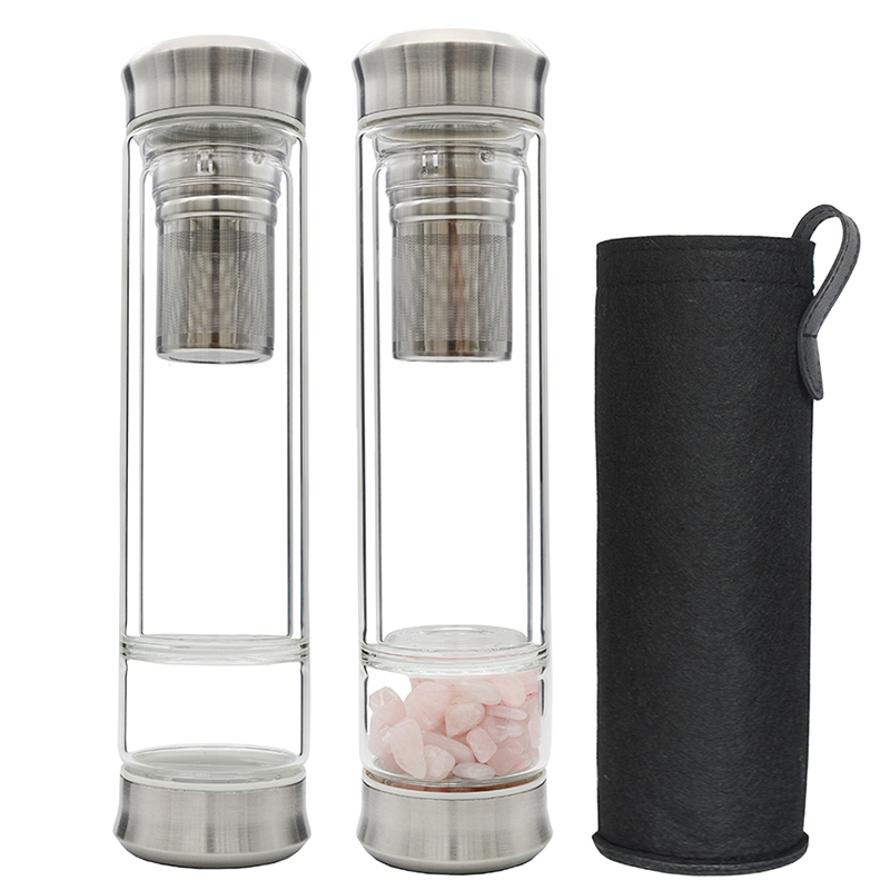 400ml Borosilicate Glass Gemstone Water Bottle with Tea Infuser and Double Stainless Steel Lids
