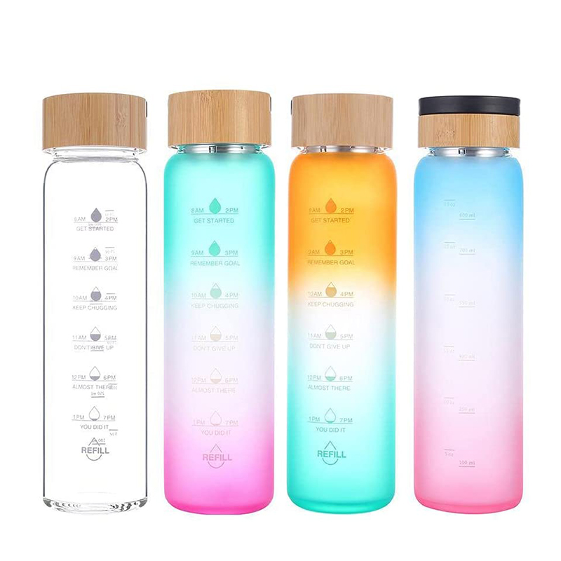 750ml single wall cute colorful frosted custom motivational high borosilicate glass water bottle bamboo lid with neoprene sleeve