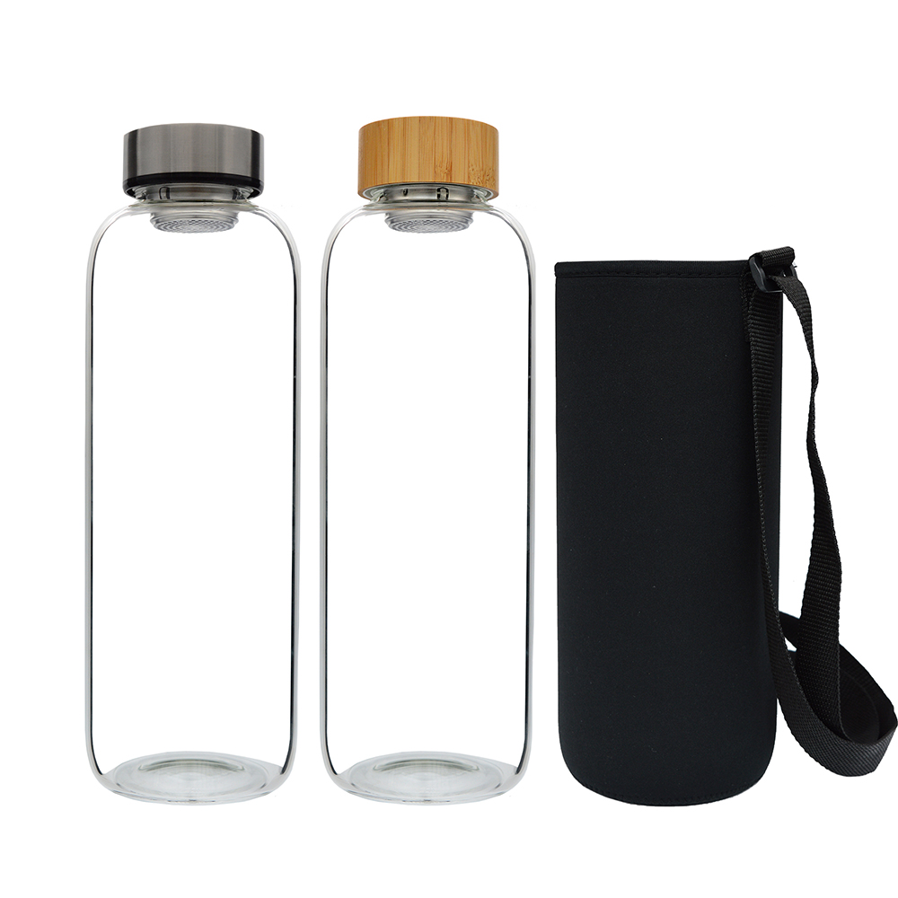 2000ml 70oz big volume borosilicate glass water bottle custom LOGO with stainless steel strainer lid and neoprene sleeve with strap