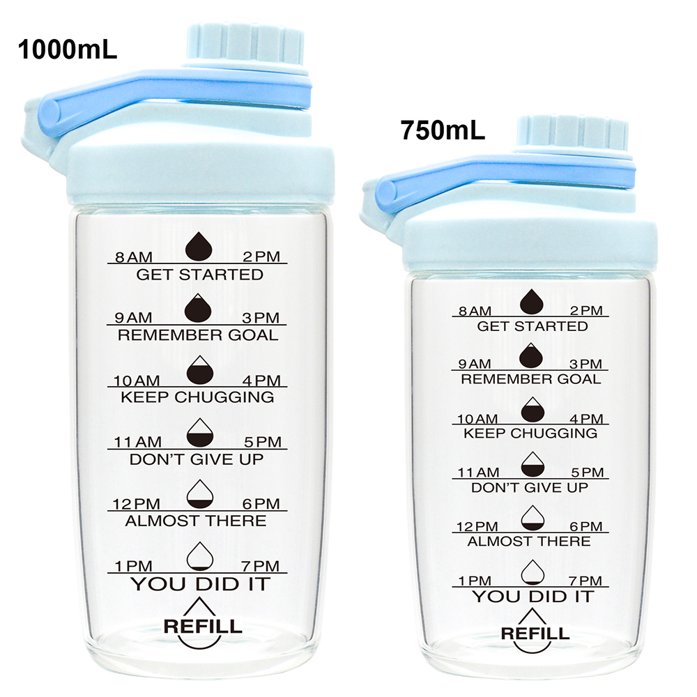 750ml 1000ml sports flip top lid wide mouth transparent borosilicate glass water bottle with shaker ball