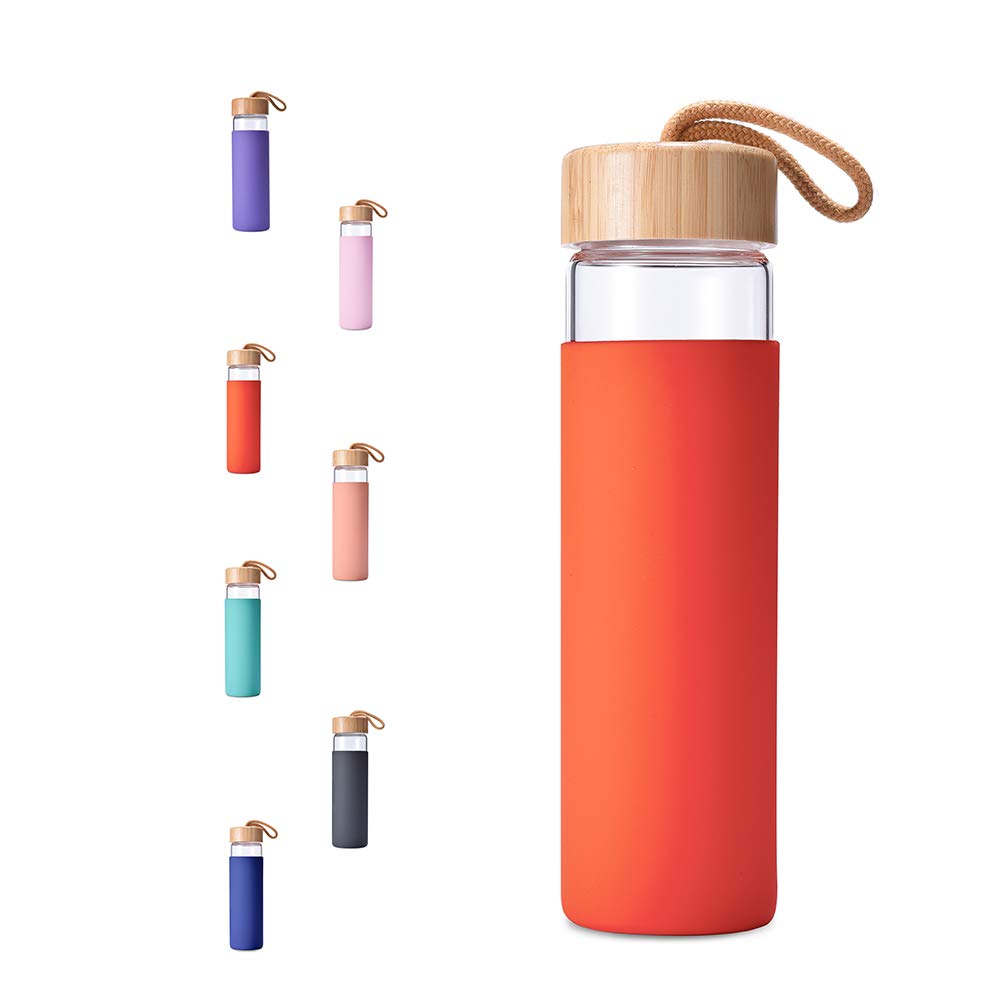 Portable 600ml Glass Bottle with Silicone Sleeve and Handle Rope Bamboo Lids